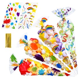 GWHOLE Rainbow Cones Bags,100PCS Rainbow Cellophane Treat Bags Sweet Bags Cookie Bags with 120 Ties for Party,Birthday,Party Favor Supplies
