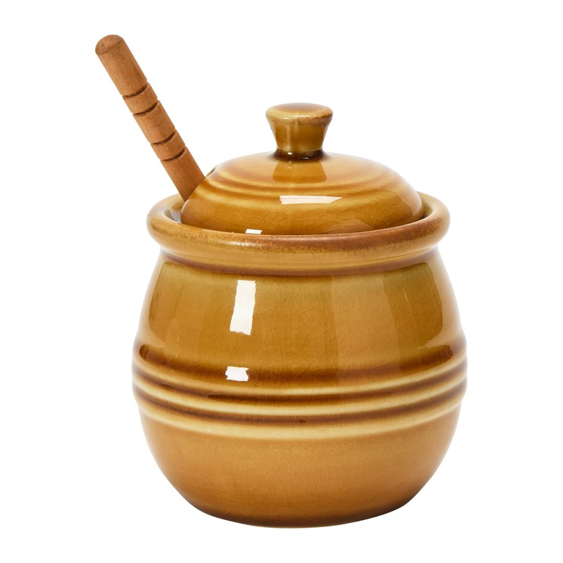 Creative Co-Op Farmhouse Embossed Stoneware Honey Pot with Wood Honey