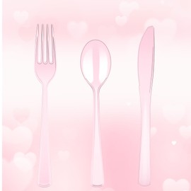 150 Pack Clear Pink Disposable Plastic Silverware Heavy Duty, Plastic Cutlery Set, Forks and Spoons Knives Set for Valentine's Day Birthday Party Prom Night, Weddings