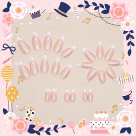 Bellelfin 24Pcs French Tip Press on Nails Almond Fake Nails with Glitter Chrome Designs, Full Cover Acrylic Glue on Nails Artificial Almond French False Nail for Women Girls