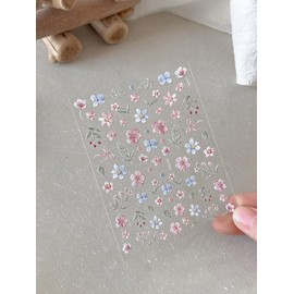 Flower Nails Stickers Spring Nails Sticker 3D Embossed Self Adhesive Sticker Blue Petals Designs Nail Decals Pink Flower Green Leaf Nail Art Decals Summer Decals for Nail DIY Manicure 1Sheets