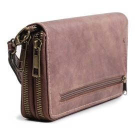 Double Zipper Long Clutch Wallet Cellphone Wallet for Women with Hand Strap for Card, Cash, Coin, Bill (grey purple)