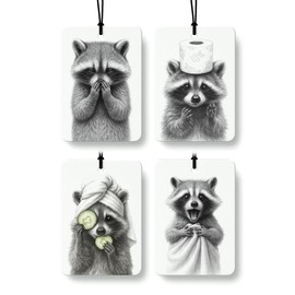 FISWAFY Funny Raccoon Bathroom Air Freshener 4 Pcs, Humorous Sarcastic Raccoon Trash Panda Hanging Air Freshener for Cars Closet Drawer Books, Funny Animal Car Accessories Mirror Decor for Women
