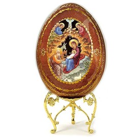 Needzo Nativity Scene The Holy Family Wooden Russian Icon Egg Christmas Decoration with Egg Display Stand Hand Made Christmas Decoration 6 1/2 inch