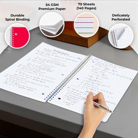 Rosmonde 1 Subject Graph Paper Spiral Notebook, 24 Pack, 70 Sheets (140 Pages), 8 x 10-1/2" Bulk 4x4 Spiral Bound Grid Notebooks, 3 Hole Punched Single Subject Quad Ruled Spiral Notebooks for School