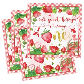 Pack of 20 Birthday Napkins Decoration for 1st Birthday, Strawberry (First), 2-Ply for Girls and Boys, Table Decoration for Baby Shower, Anniversary & Celebrations, Milestone Napkins 1 Year Strawberry