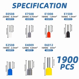Wire End Ferrules Set 1900 Pieces, Wire End Ferrules Assortment 0.5-6 mm², Insulated Wire Ferrules Cable Sleeves Assortment, Insulation Sleeve Set, Wire End Ferrules Set for Wire Clamps and Ferrules