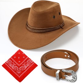 Haysandy Men Cowboy Costume Hat with Bandana Belts Cowboy Cowgirl Hat Wide Cowgirl Brim Costume Accessories(Camel)