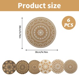 LCUHAVA Set of 6 Round Place Mats Washable 38 x 38 cm Place Mats Boho Place Mats Round Round Place Mats Heat Resistant PVC Place Mats for Dining Tables, Kitchen, Restaurants, Weddings