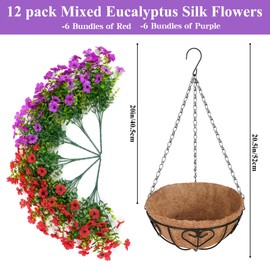 Waipfaru Artificial Flowers for Outdoors, Fake Hanging Plants Flowers with Basket, Faux Green Plant in Metal Coconut Lining Pot, Daisy with Eucalyptus Leaves for Summer Decor(Red Purple)