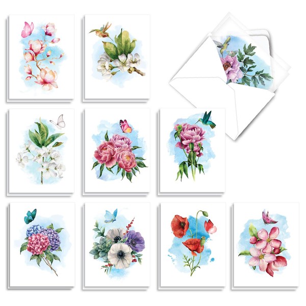 The Best Card Company - 20 Assorted Blank Plant Cards (4 x 5.12 Inch) (10 Designs, 2 Each) - Watercolor Floral Splendor AM7164OCB-B2x10