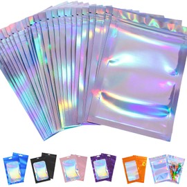 50pcs Mylar Holographic Bags 10.5x15cm,Foil Smell Proof Mylar Bags Resealable Sweet Pouches,Small Plastic Bags Sample Bags for Lipgloss,Jewelry,Eyelash,Food Storage Gift Grip Foil Ziplock Mylar Bags