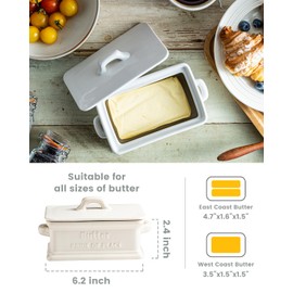 Zoeeker Butter Dish with Lid, Ceramic Butter Dish for Countertop Butter Holder Container Large Butter Keeper for East West Coast Butter, Thanksgiving, Christmas, White