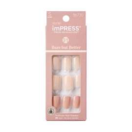 KISS imPRESS No Glue Mani Press On Nails, Bare But Better, Simple Pleasure', Nude, Short Size, Squoval Shape, Includes 30 Nails, Prep Pad, Instructions Sheet, 1 Manicure Stick, 1 Mini File