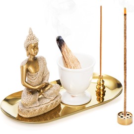 TOPZEA 6 in 1 Incense Holder, Palo Santo Sage Sticks Holder, Brass Incense Burner with Ash Catcher Tray & Buddha Statue for Coil Incense, Incense Cones, Stick, Meditation Accessories, Yoga Room Decor