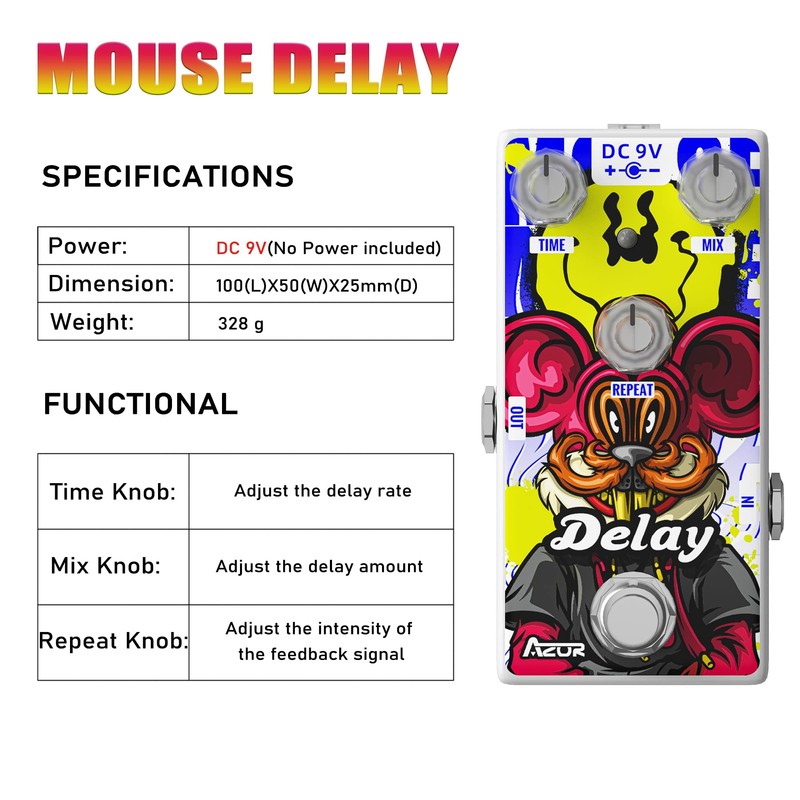 AZOR Delay Guitar Pedal, Digital Effect Mouse Vintage Delay Pedal