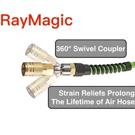 RayMagic Air Compressor Hose 1/4 Inch x 100 Feet Flexible Reinforced Polyurethane (PU) Air Hose 300PSI with Brass Fittings, Strain Reliefs, 1/4" 360 Swivel Coupler and Plug,1PCS Safety Coupler