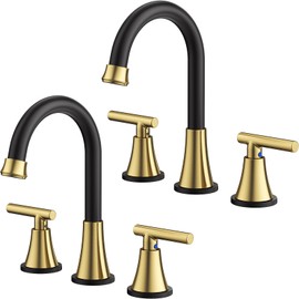 Bathroom Faucets for Sink 3 Hole, Hurran Black& Gold Bathroom Sink Faucet with Pop-up Drain and Supply Lines, Stainless Steel Lead-Free Widespread Faucet for Vanity RV, 2 Pack