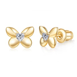 MINDDHA 14K Gold Plated 925 Sterling Silver Post Butterfly Stud Earrings for Women | Earrings for Helix, Cartilage, Tragus, and Earlobe Piercings | Small, Lightweight, 7.6mm x 8.3mm