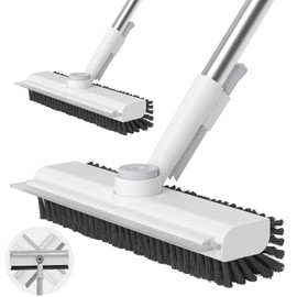 Floor Scrub Brush with Long Handle, 3 in 1 Scrape and Heavy-Duty Stiff Bristle Scrubber Brush for Cleaning Shower Bathroom, Patio, Garage, Kitchen, Wall and Deck (White, 2 Pack)