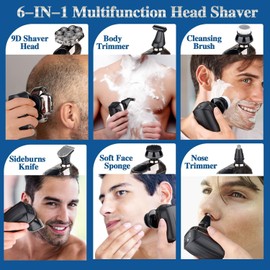 9D Head Shavers for Bald Men: Upgraded 6 in 1 Detachable Bald Head Shavers with LED Display - Wet/Dry Electric Razor for Men - Travel Lock Electric Shaver Grooming Kit with Type-C Charge
