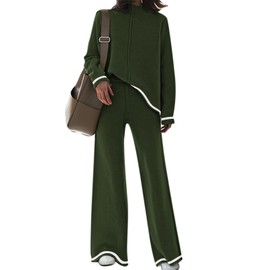 Fixmatti Women's Knitted 2 Piece Striped Sets Long Sleeve High Neck Sweater Wide Leg Pant Set Loungewear Army Green L