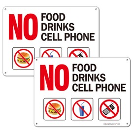 No Food No Drinks No Cell Phone Sign, 2Pack- 10"x7" Rust Free Reflective Aluminum, Fade/Weather Resistant, HD Ink Printing, UV Protected, Indoor/Outdoor Use, Easy to Mount