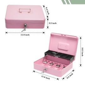 Secure Locking Cash Box with Key or comnination, Money Tray, and Organizer - Metal Money Safe for Cash Management (Pink Key)