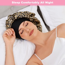 ZHENSILK 3PCS Silk Sleep Bonnet for Women, Large Satin Hair Caps with Elastic Band, Curly Hair Wrap for Sleeping, Frizz Protection (Black, Light Pink, Leopard Print)