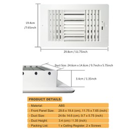 Ceiling Register, FanGoFast 3-Way ABS Sidewall Ceiling Air Vent w/Manual Adjuster for Home, Office, Bathroom, Toilet (10x6P)