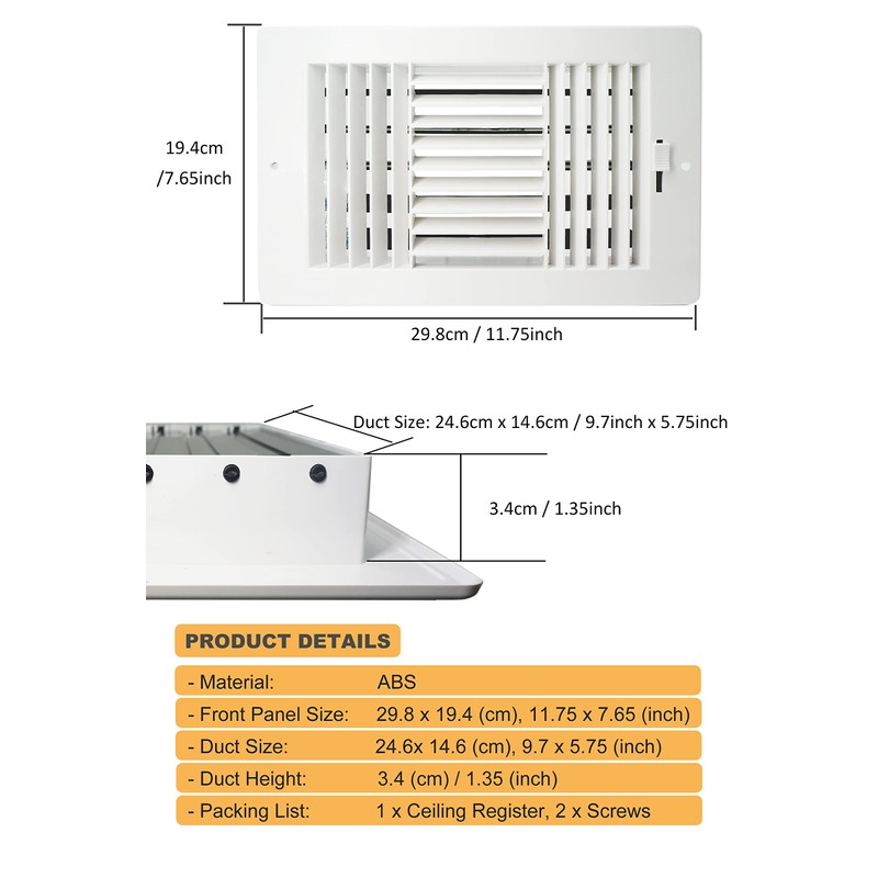 Ceiling Register, FanGoFast 3-Way ABS Sidewall Ceiling Air Vent w/Manual