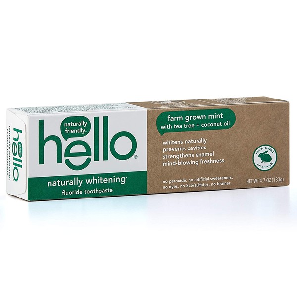 Hello Oral Care Naturally Whitening Fluoride Toothpaste, Vegan & SLS Free, Farm Grown Mint with Tea Tree Oil & Coconut Oil, 4.7 Ounce