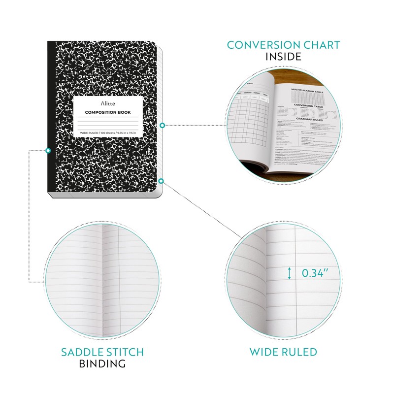 Alitte Composition Notebooks 4-Pack | Wide Ruled, 200 Pages (100