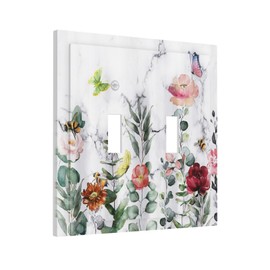 Boho Floral Watercolor Leaf Double Toggle Light Switch Cover Decorative Rustic Flowers 2 Gang Wall Plate Electrical Faceplate Switchplate for Farmhouse Bathroom Bedroom Living Room Decor
