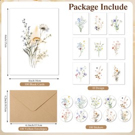 Motiskyy 100 Pack Blank Cards and Envelopes 4 x 6 Elegant Floral Greeting Card with Stickers Wildflowers Blank Note Cards and Envelopes Stationary Set, 10 Assorted Floral Design for All Occasions
