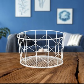 1 x Wire Basket, Round, Vintage Design, Storage, Clothes, Accessories, Decorative Basket, Metal, Diameter 22 cm, White