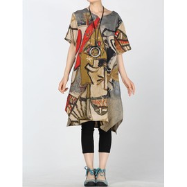 Lavnis Women's Casual Midi Dress Summer Short Sleeve Cotton Print Tunic Dresses with Pockets Grey L