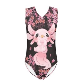 Mumeson Girls's One Piece Bathing Suit High Waist V Neck Swimwear Cherry Blossom Cartoon Axolotl Swimsuits Pink Beachwear Monokini Teen Girls Bathing Suits