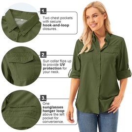 Womens UPF 50+ UV Sun Protection Safari Shirts Long Sleeve Outdoor Cool Quick Dry Fishing Hiking Gardening Shirts (5072 Army Green XL)