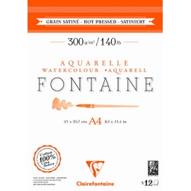 Clairefontaine 975948C - Pad Glued 2 Sides Fontaine - 12 Sheets White Watercolor Paper 100% Cotton Satin Grain Professional Quality A4 21x29.7 cm 300g