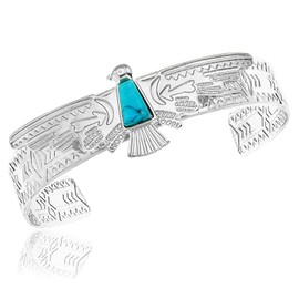 RechicGu Vintage Tribal Southwest Turkey Eagle Carved Blue Stone Aztec Cowgirl Cowboy Native American Open Cuff Bracelet Bangle,Polish Silver