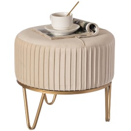 Fabulaxe Round Velvet Ottoman Stool Raised with Hairpin Gold Base, Cream, Small