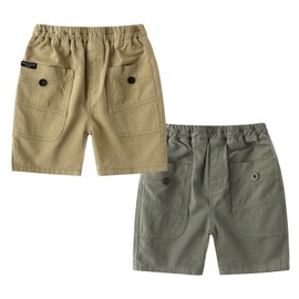 Volunboy Toddler Solid Black Shorts Elastic Waist Pocket Boys Cotton Cargo Short Jogger Pants (Khaki & ArmyGreen, 5-6 Years)