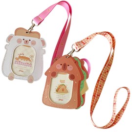 Cartoon Bread Animal Badge Holder with Lanyard - 2 Pieces Protective Card Sleeve for ID, Student, Work, and Photo Cards (Multicolored-A)