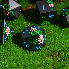 CRITALLIC Lotus Flower Metal DND Dice Set,Heavy Metallic Flower D&D Dice Set with Gift Metal Case for Dungeons and Dragons TTRPG Games Roleplaying Games Shadowrun Pathfinder MTG(Pearl Black and Blue)