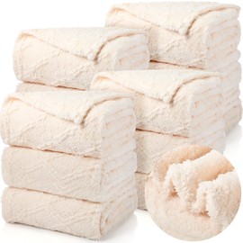 Buryeah 12 Pcs Sherpa Fleece Throw Blanket Bulk 50 x 60” Soft Cozy Jacquard Throw Blanket Warm Fleece Blanket Portable Lightweight Fuzzy Blanket for Wedding Sofa Bed Couch All Season (Lvory)
