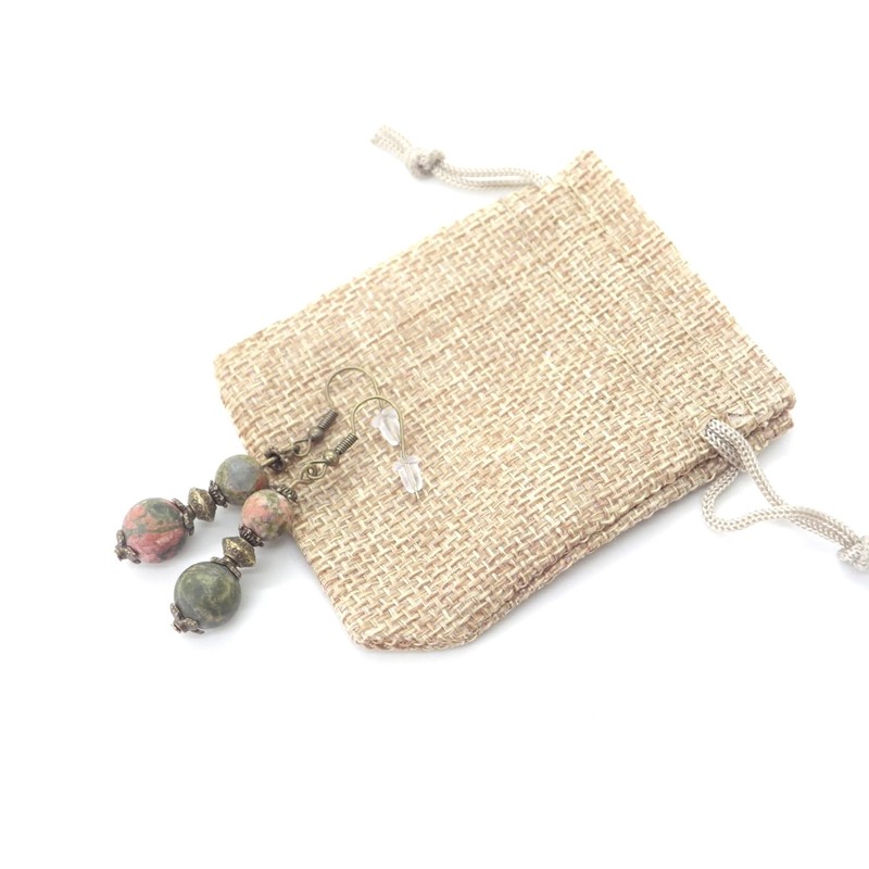 Ohrringe aus grünen Unakite-Perlen und antiken Bronzeperlen