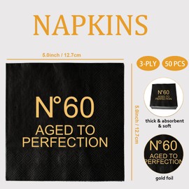 XIUHUBA 60th Birthday Paper Napkins, 50 Pack Gold Foil and Black Cocktail Napkins for Women Men 60 Years Old Birthday Party Decorations Vintage N60 1965, Aged to Perfection Birthday Napkins, 3-Ply