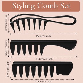 3 Pieces Black Hair Styling Comb Set - Wide Tooth Detangling, Shampoo and Teasing Combs for Men and Women, Suitable for Most Hairstyles