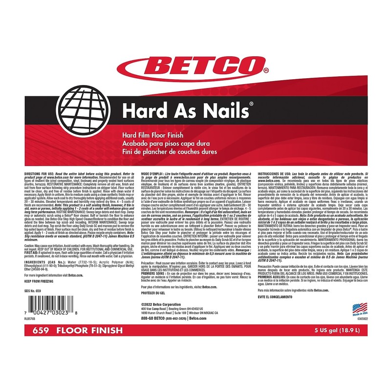 Betco® Hard As Nails® Floor Finish, 5 Gallons